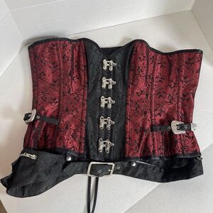 VINTAGE GOTH Lace Up Corset Buckle Brocade Red Black Size 36 R20 Medieval w Belt